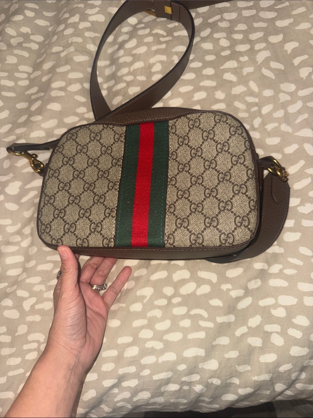 Source Unknown Beige Monogram Crossbody with Green-Red Stripe - Picture 5 of 6